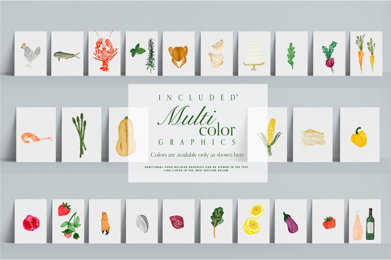 Puede incluir: Una colecci&oacute;n de ilustraciones de alimentos en acuarela sobre tarjetas blancas. Las im&aacute;genes incluyen un pollo, pescado, langosta, hierbas, ajo, pastel, verduras, camarones, esp&aacute;rragos, calabaza, ma&iacute;z, queso, pimiento, fresas y m&aacute;s. El texto dice "Gr&aacute;ficos multicolores incluidos".