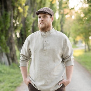 MOJMIR - Traditional mens shirt made from 100% flax, with standing collar and Antique brass buttons.