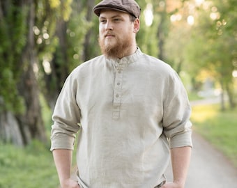 Flax Mens Shirt - Traditional Linen Top with Antique Brass Buttons