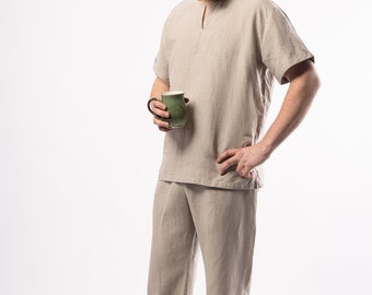 LINEN Pajamas for men*simple shirt with short sleeves and Long Trousers