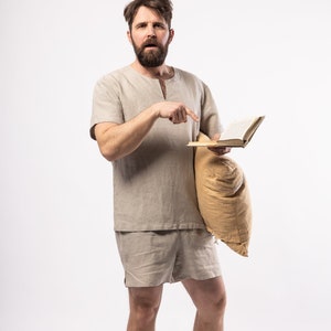LINEN Pajamas for mensimple shirt with short sleeves and shorts image 1