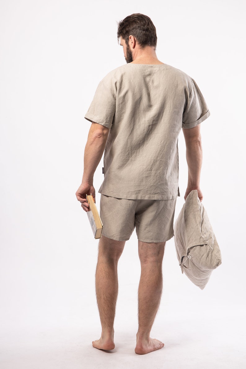 LINEN Pajamas for mensimple shirt with short sleeves and shorts image 4