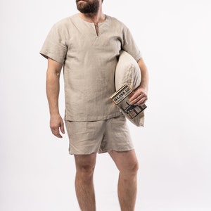 LINEN Pajamas for mensimple shirt with short sleeves and shorts image 3