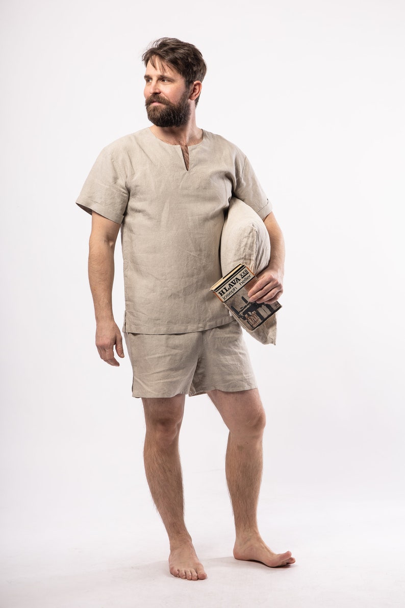 LINEN Pajamas for mensimple shirt with short sleeves and shorts image 3