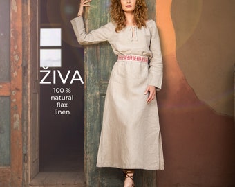 White Linen Long Dress – Slavic Style, 3/4 Sleeves