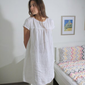 PURE Linen Nightgown, White color, for comfortable and healthy sleep. The camisole is sewn from fine linen with soft white cotton lace.