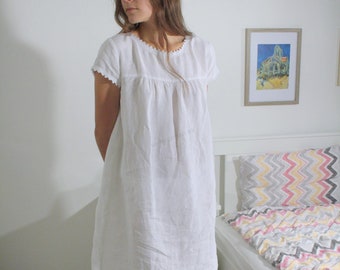 PURE Linen Nightgown, White color, for comfortable and healthy sleep. The camisole is sewn from fine linen with soft white cotton lace.