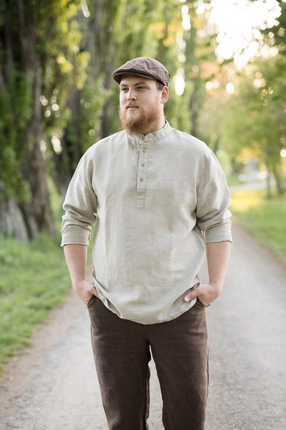 Flax Mens Shirt - Traditional Linen Top with Antique Brass Buttons