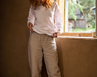 Lace Trim Linen Pajama Set: Women's Long Pant & 3/4 Sleeve