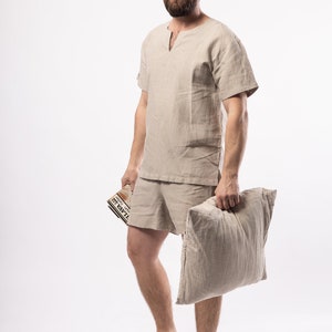 LINEN Pajamas for mensimple shirt with short sleeves and shorts image 2