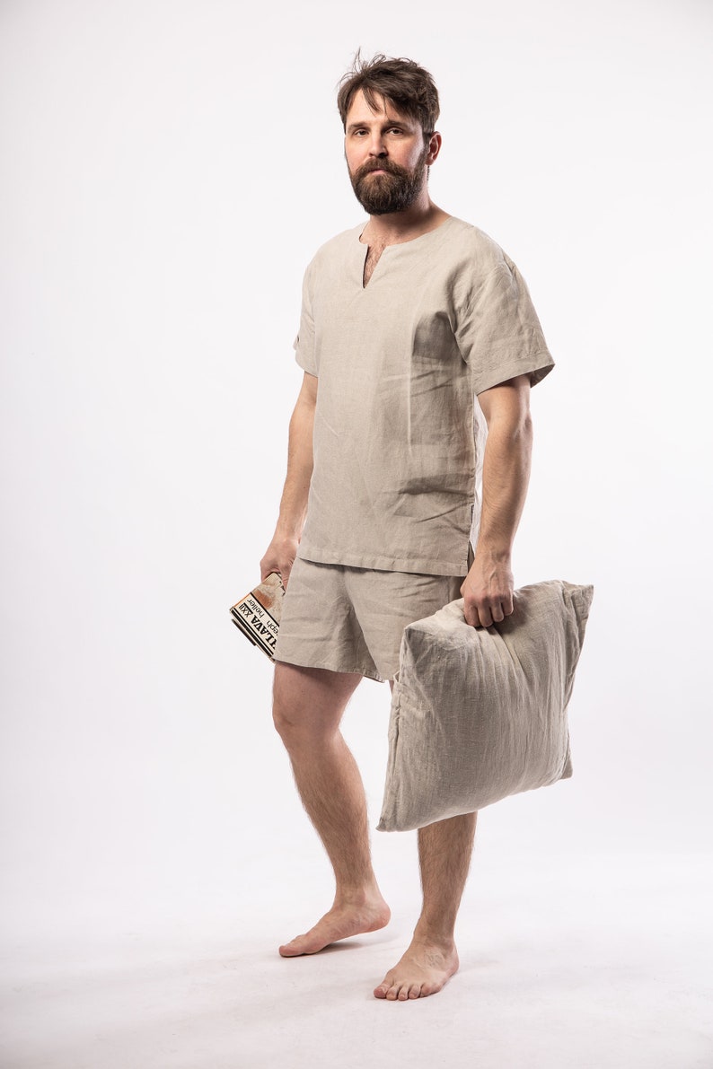 LINEN Pajamas for mensimple shirt with short sleeves and shorts image 2