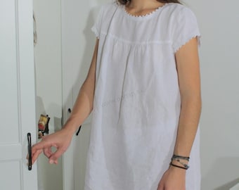 White Linen Nightgown, Cotton Lace Trim, Comfortable Sleepwear