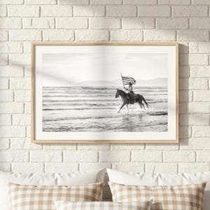 Coastal Cowgirl Printable Black & White Digital Download American Flag Western Beach Decor Preppy Horse Dorm Room Wall Art Instant Download