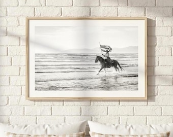 Coastal Cowgirl Printable Black & White Digital Download American Flag Western Beach Decor Preppy Horse Dorm Room Wall Art Instant Download