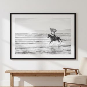 American Flag Photo Black & White Cowgirl Photo Print Patriotic American Flag Wall Art Coastal Horse Photo Western Beach Photography Print