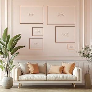 May include: A living room scene with a white sofa, orange pillows, and framed art prints in various sizes: 18x24, 20x30, 8x10, 11x14, 16x20, and 5x7 inches. A large potted plant and a smaller plant in a vase flank the sofa.