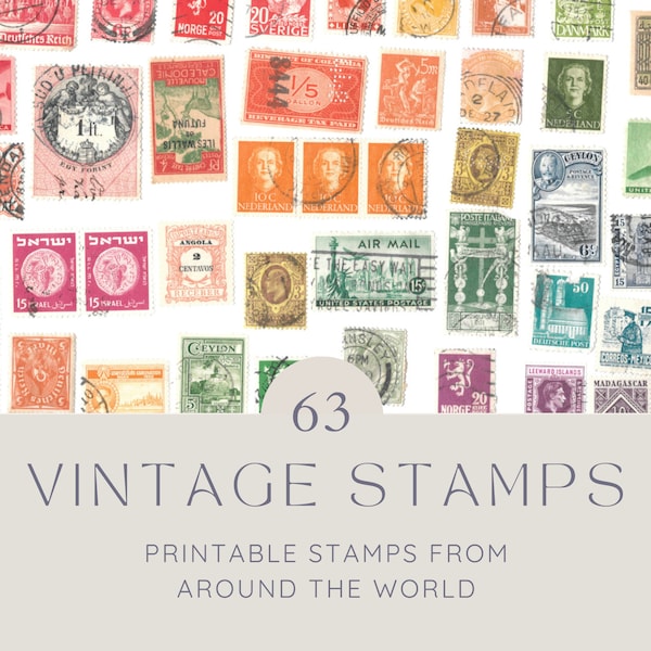 Printable Vintage Postage Stamp Collage Scrapbooking Digital Download 63 International Stamps Creative Journaling & Travel Journal Supply