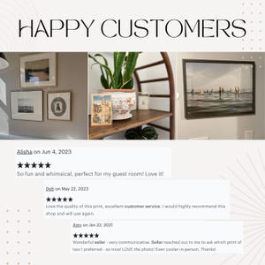 May include: Image featuring framed artwork and customer reviews. The top text reads "HAPPY CUSTOMERS." The artwork includes a landscape and a dog illustration. Customer reviews are displayed below, with dates and star ratings.