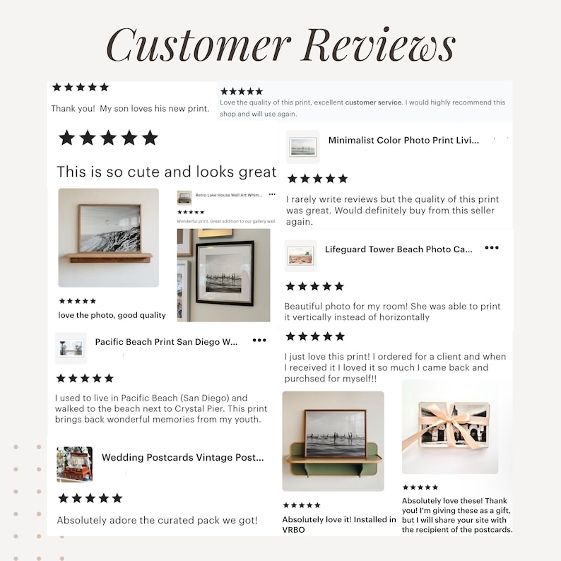 May include: A customer reviews page with the title "Customer Reviews" in a handwritten font. The page features customer testimonials with star ratings, showcasing positive feedback on various prints and products, including beach and minimalist art.