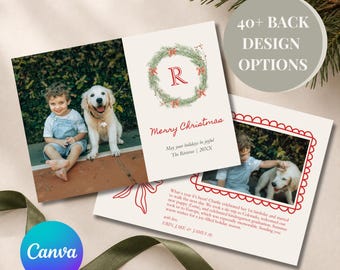 Monogram Christmas Card Digital Download Printable Family Holiday Card Red Green Coquette Bow Wreath Non-Religious With Text Year in Review