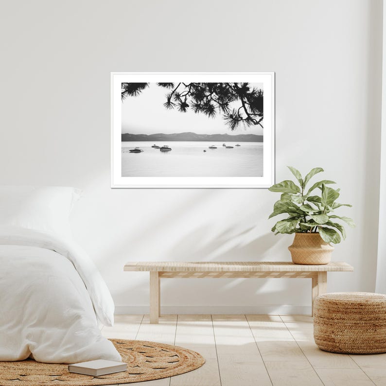 Black & White Lake Tahoe Photo Digital Download Minimal Lake Print Landscape Pine Tree Boats Printable Wall Art Instant Bedroom Artwork image 11