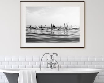 Arte de parede de praia para banheiro, decoração de banheiro, estética de praia em preto e branco, decoração de banheiro Airbnb, pequena impressão emoldurada para banheiro, elegante e simples