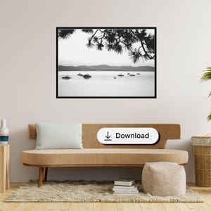 Black & White Lake Tahoe Photo Digital Download Minimal Lake Print Landscape Pine Tree Boats Printable Wall Art Instant Bedroom Artwork image 6