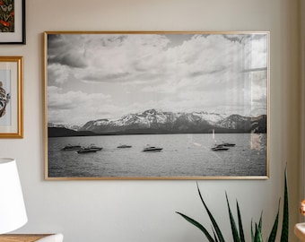 Lake Tahoe Wall Art PRINTABLE Mountain Lake Photo Black & White Wall Art for Entryway Modern Lake Scene Boats on Lake Horizontal Download