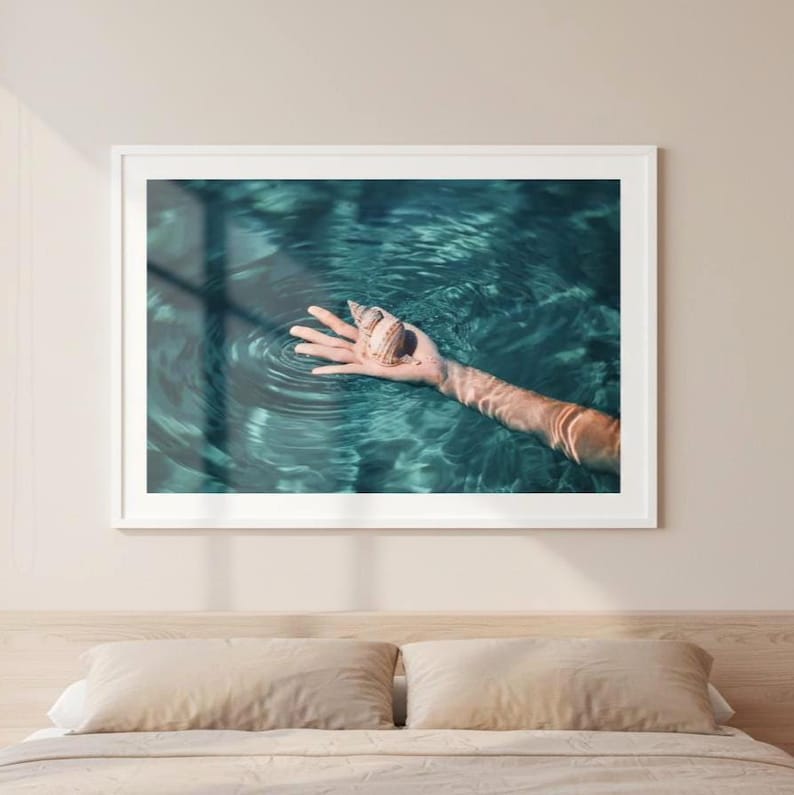 Coastal Sea Shell Print Teal Ocean Photography Framed Beach Wall Art Serene Summer Decor Coastal Above Bed Fine Art Print for Bedroom Wall