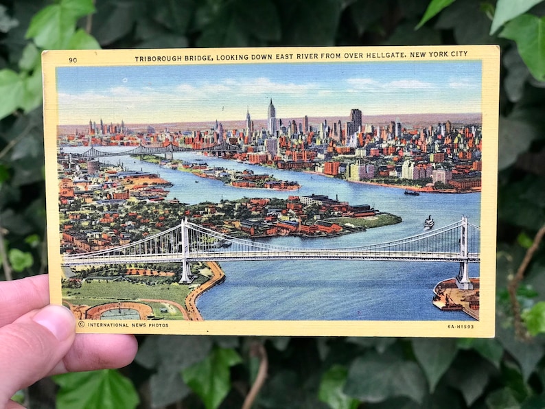 New York Postcard 1918 Posted Vintage Linen Photograph of the Triborough Bridge from Hell\u2019s Gate Overlooking the East River