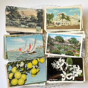 May include: A collection of vintage postcards featuring various scenes. The postcards depict landscapes, buildings, and floral arrangements. Some postcards show sailboats on the water, while others display citrus fruits and orange blossoms. The postcards are arranged in a clear glass dish.