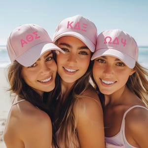 Embroidered Sorority Hat Pink Greek Letters Cute Sorority Rush Week Gift Hat Bulk Custom Bid Day Sorority Gift Retro Baseball Cap for Fall