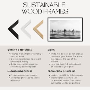 May include: Image showcasing sustainable wood frames in black, white, and natural wood finishes. The text reads "SUSTAINABLE WOOD FRAMES." Details include quality materials, sizing, and production information. A framed black and white photo is also shown.