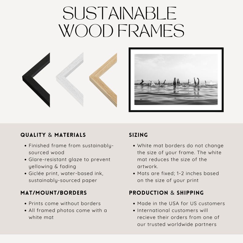 May include: Image showcasing sustainable wood frames in black, white, and natural wood finishes. The text reads "SUSTAINABLE WOOD FRAMES." Details include quality materials, sizing, and production information. A framed black and white photo is also shown.