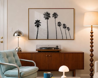 Coastal Eclectic West Coast Living Room Wall Art Black & White Palm Tree Photography Print Beach Cottage Decor Minimalist Large Nature Scene