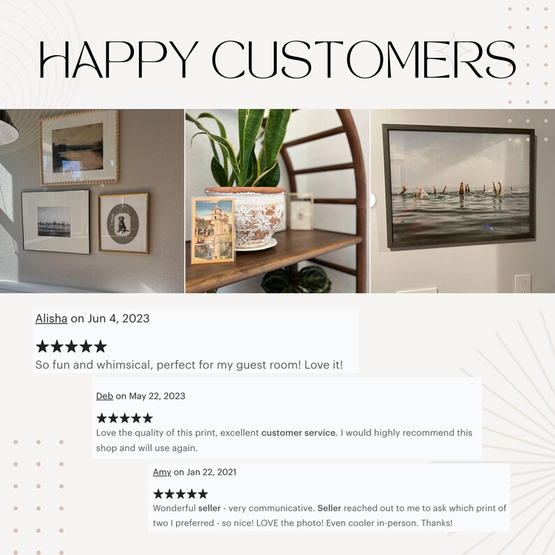 May include: Three customer reviews with five star ratings for a shop selling prints. The reviews highlight the quality of the prints, the excellent customer service, and the seller's communication. The image also shows three framed prints, one of which is a seascape with people swimming in the ocean.