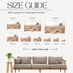 May include: A size guide displays various framed beach scene prints, with dimensions ranging from 5x7 inches to 24x36 inches. The text "SIZE GUIDE" and "Allow space for & between frames" are at the top. A sofa is shown to indicate the width.