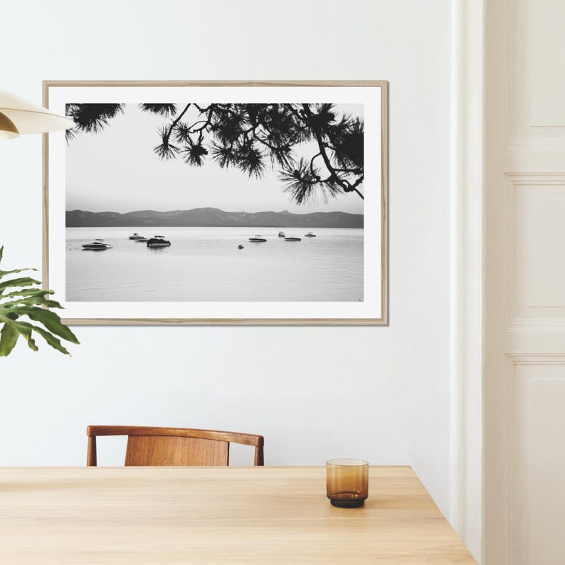 Lake Tahoe Wall Art Zephyr Cove Photography Digital Download Printable Landscape Image Anchored Boat Scene Pine Tree Mountain View Minimal Nature Photography Instant Bedroom Print Tranquil Water Scenery Calming Office Art Serene Living