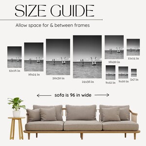 May include: A size guide for framed artwork, showing different frame sizes and how they would look above a sofa that is 96 inches wide. The guide includes measurements in inches.