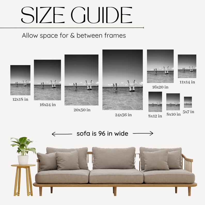 May include: A size guide for framed artwork, showing different frame sizes and how they would look above a sofa that is 96 inches wide. The guide includes measurements in inches.