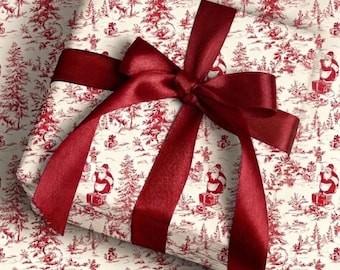 Rollo de papel de regalo rojo navideño con estampado vintage Toile Santa, envoltorio de regalo clásico para las fiestas, lujosa estética chinoiserie para árbol de Navidad