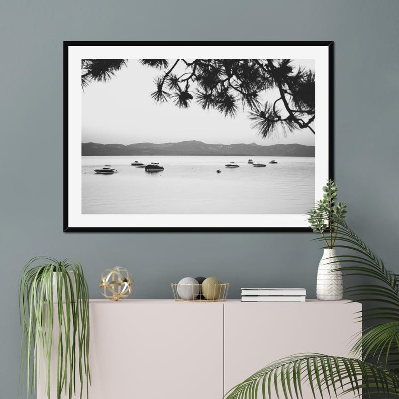 Black & White Lake Tahoe Photo Digital Download Minimal Lake Print Landscape Pine Tree Boats Printable Wall Art Instant Bedroom Artwork image 13