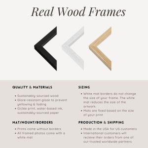 May include: Image showcasing three real wood frame corners in black, white, and natural wood tones. The text "Real Wood Frames" is at the top. Details on quality, sizing, and materials are listed below, including sustainably-sourced wood and glare-resistant glaze.