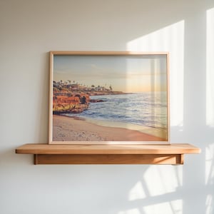 Retro zonsondergang strand kunst aan de muur kustlandschap fotoprint voor portiek ontspannende oceaan muur decor La Jolla Cove San Diego, Californië sfeer
