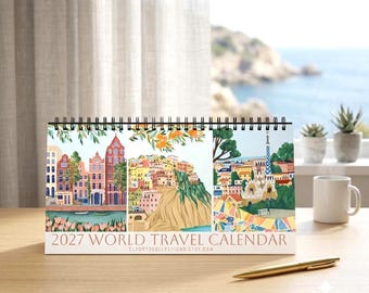 2027 Calendar Illustrated Office Desk Calendar Gift for Her Preppy Travel Lover Coworker Gift Holiday 12 Month Calendar 10x15 Desktop Decor