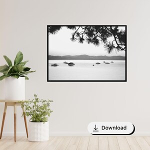 Instant Download Wall Art Lake Tahoe Photography Printable Bedroom Print Zephyr Cove Landscape Image Minimal Boat Scene Pine Tree Nature Photography Tranquil Mountain Lake View Calming Office Space Art Serene Living Room Print Digital
