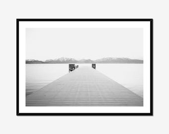 Cabin Wall Art Lake House Living Room Decor Dock Print Lake Tahoe Dock Black & White Serene Home Decor Modern Minimalist Art for Bathroom