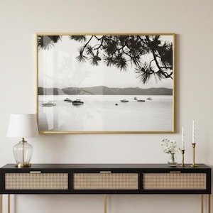 Calming Bedroom Wall Art Lake Tahoe Photography Digital Download Minimal Landscape Print Zephyr Cove Boat Scene Pine Tree Photography Tranquil Water Image Printable Nature Art Instant Download Serene Living Space Mountain Lake Scenery