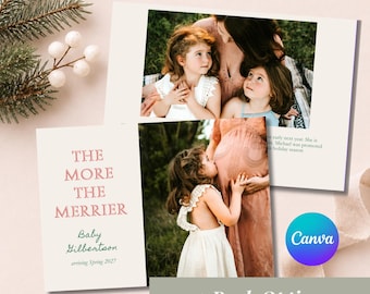 Christmas Baby Announcement The More The Merrier Holiday Card Digital Download Canva Template Spring Baby 2027 Red & Green Simple Xmas Card