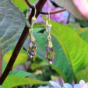 May include: A pair of silver dangle earrings with iridescent purple teardrop-shaped crystals.